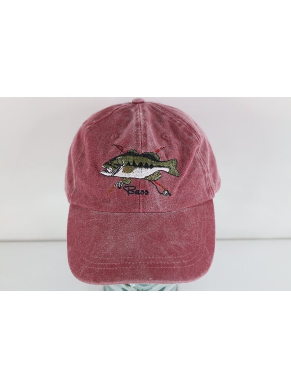 Vintage 90s Y2K Streetwear Spell Out Bass Fish Stonewash Dad Hat Cap Red Cotton